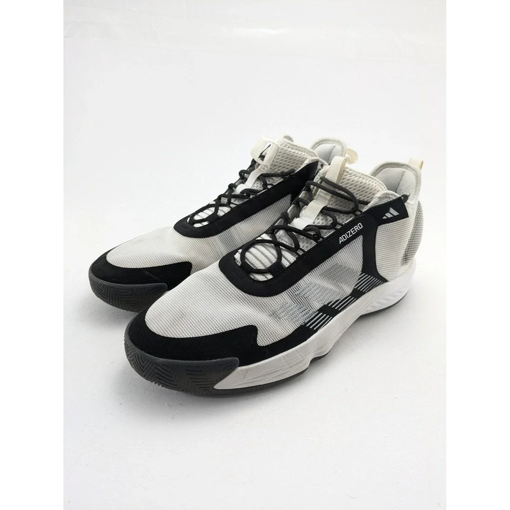 Mens Adidas White Black Mid Top Adizero Basketball Shoes IE9322 Size 14.5
